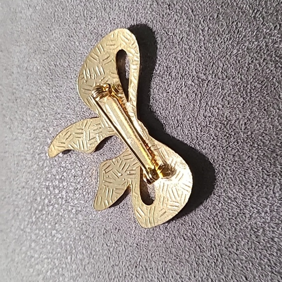 Vintage 1980's Gold Tone Cloisonne Bow Brooch Floral Enamel - Picture 10 of 11